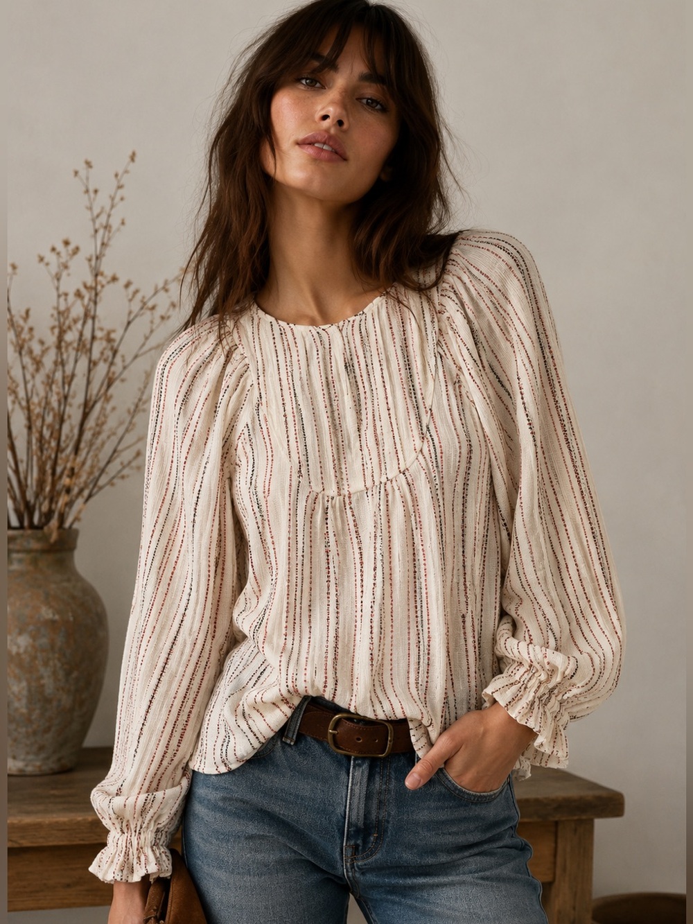 Elizabeth & James Pintuck Peasant Blouse Medium Stripe Embroidered Cream Red